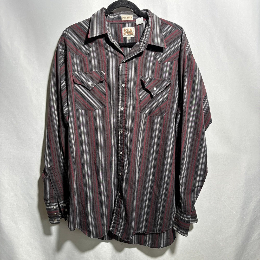 VTG Ely Cattleman Tall‎ Man Striped Western Shirt Mens XLT Pearl Snap Cowboy